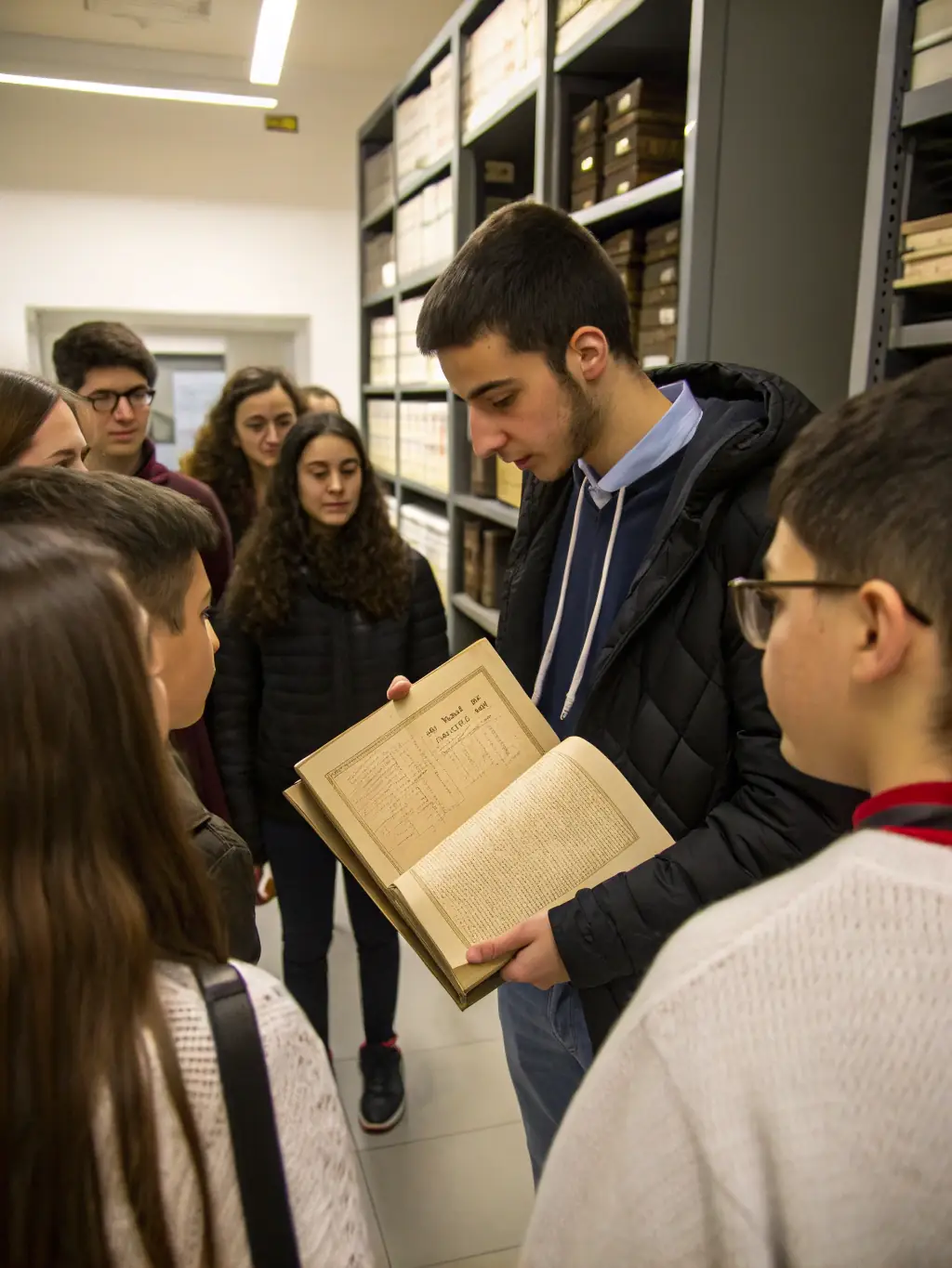A group of participants actively engaged in a workshop on preserving historical documents, with a focus on hands-on learning and conservation techniques.